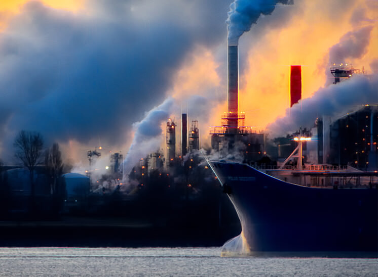 Factories’ smokestacks by the sea